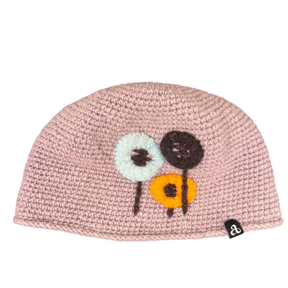 Pistil Women Lavender Grey Crochet Wool Blend Beanie Felted Floral Fleece Lined